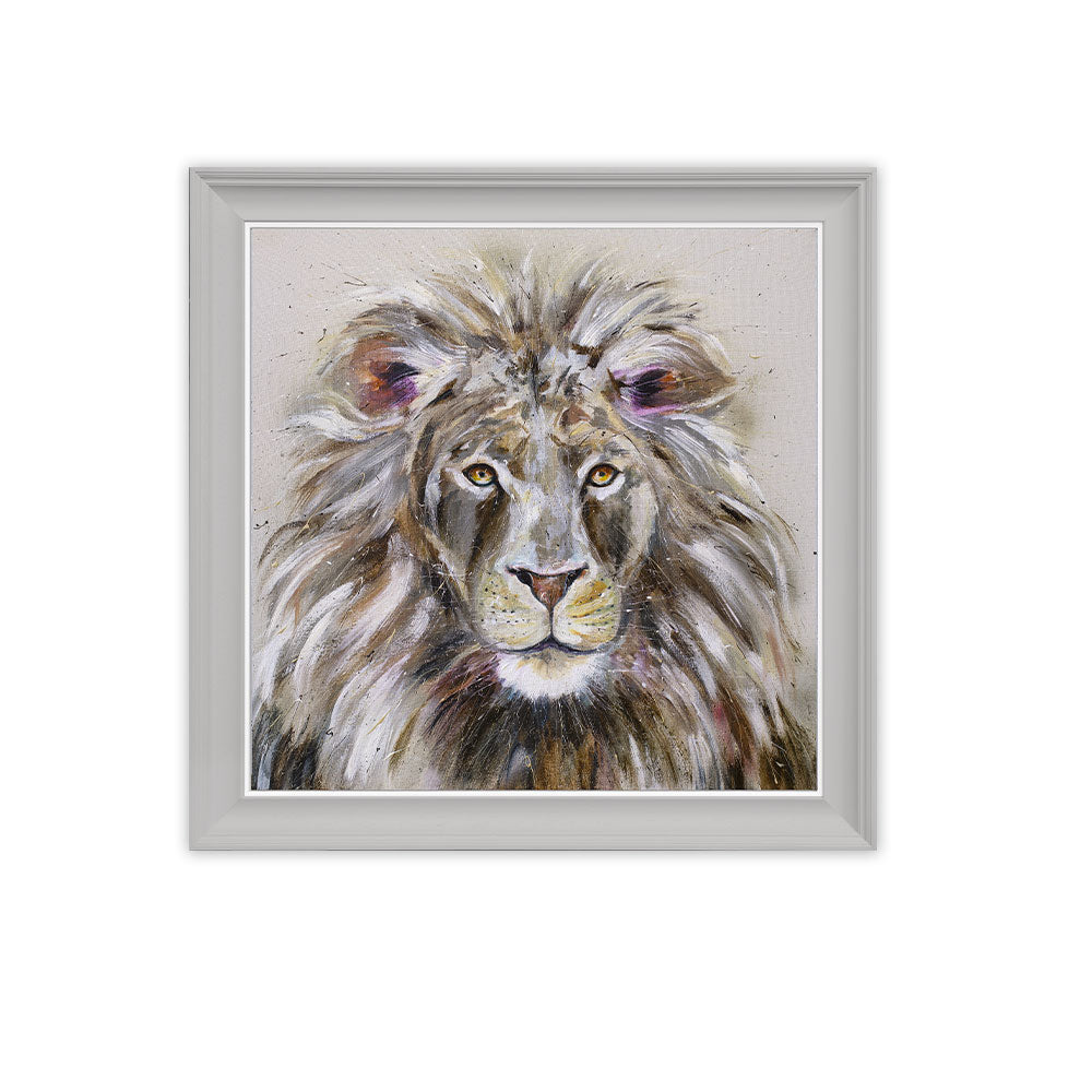 Framed artwork of a lion's head on a white background