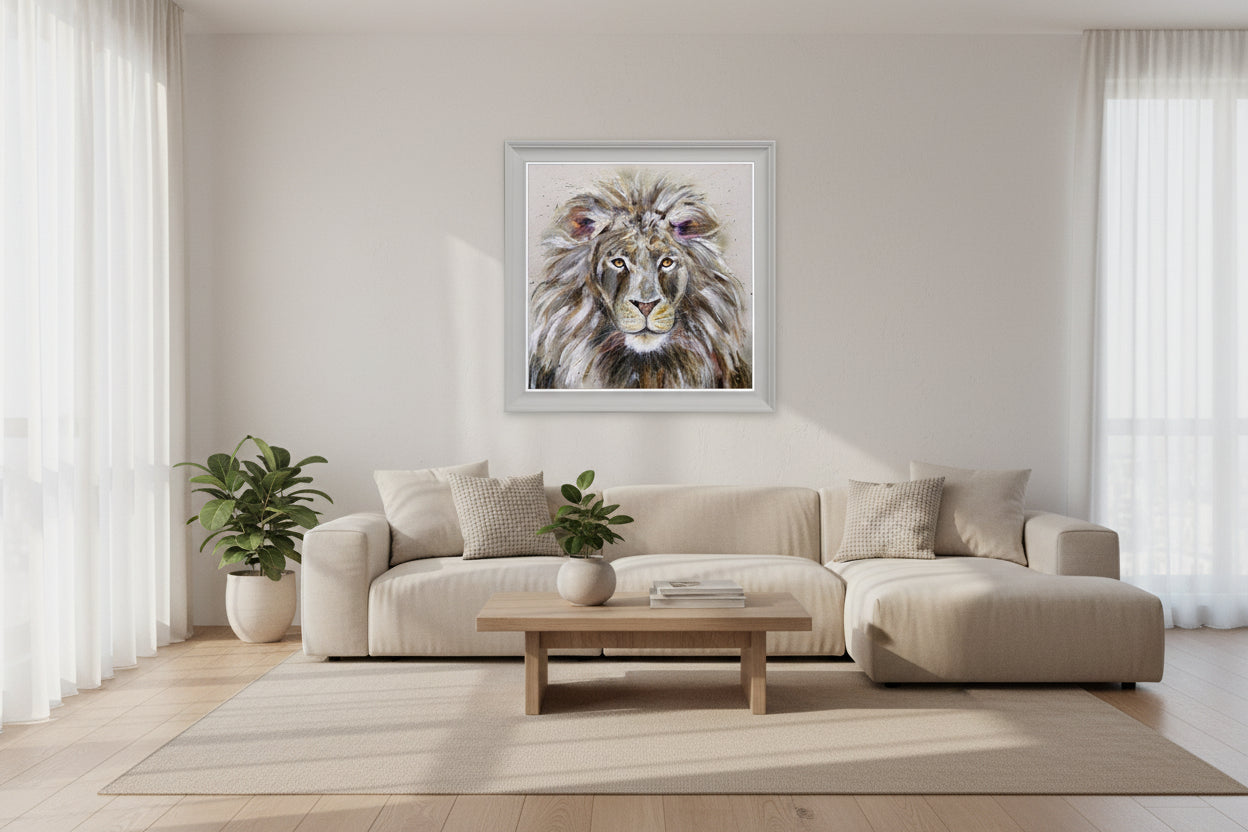 Framed artwork of a lion's head on a white background