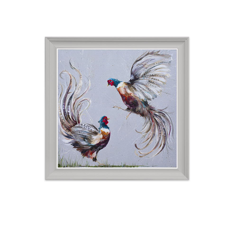 Framed artwork of two colorful roosters on a light blue background