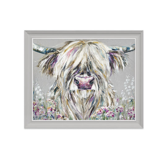 A large framed canvas by Nicola Jane Rowles featuring fluid wildlife art in a thick Cotton White Compton wooden frame.