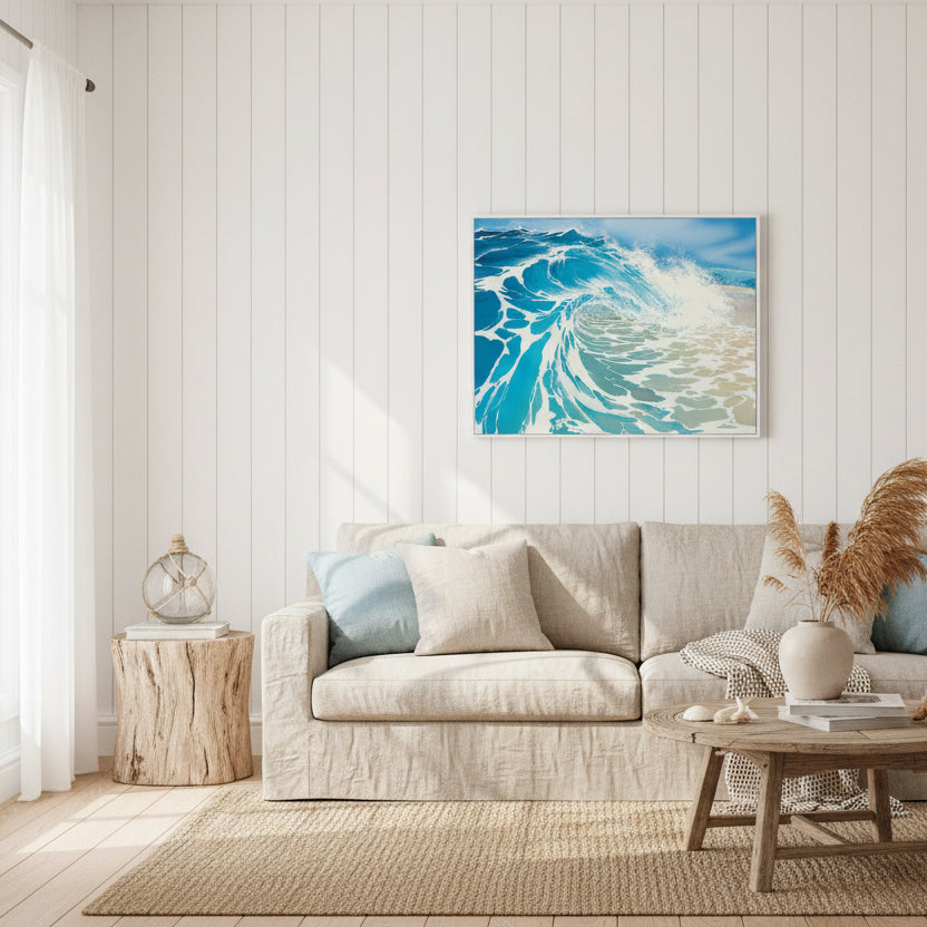 Canvas print of a blue wave design on a white wall.