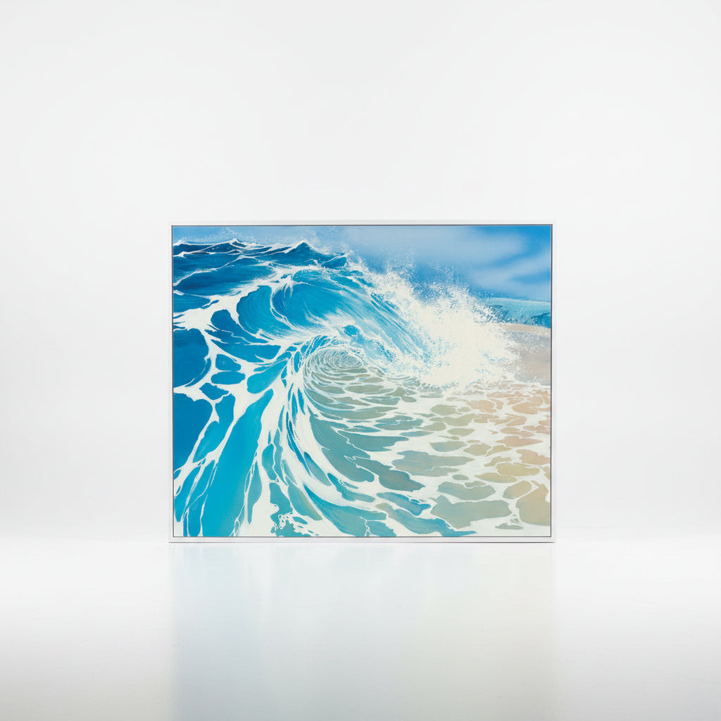 Canvas print of a blue wave design on a white wall.