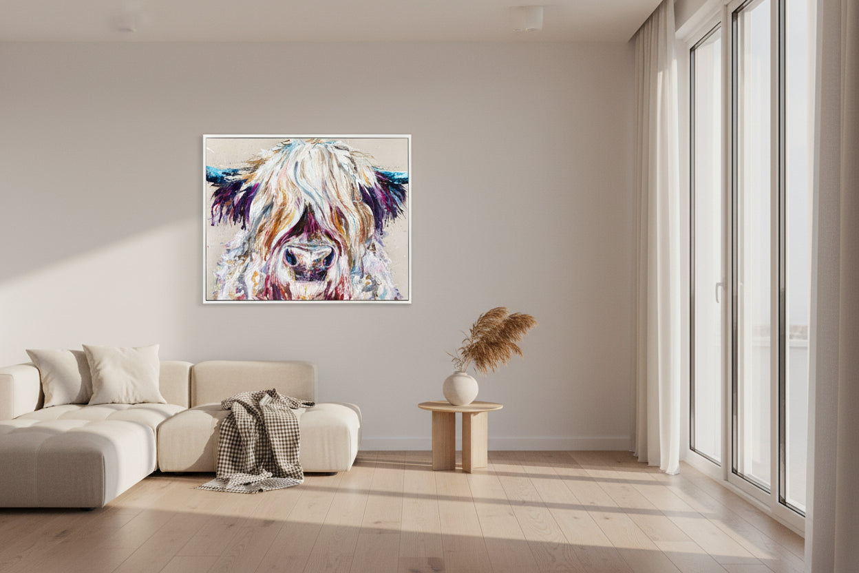 Colorful painting of a highland cow on a beige background