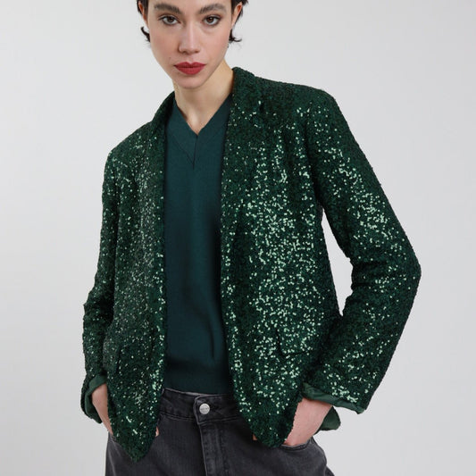 Sparkling Sequin Blazer with Classic Lapel & Pockets
