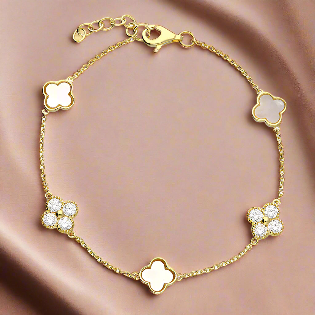 Gold-Plated Sterling Silver Quatrefoil Bracelet – Mother of Pearl & Cubic Zirconia Charms