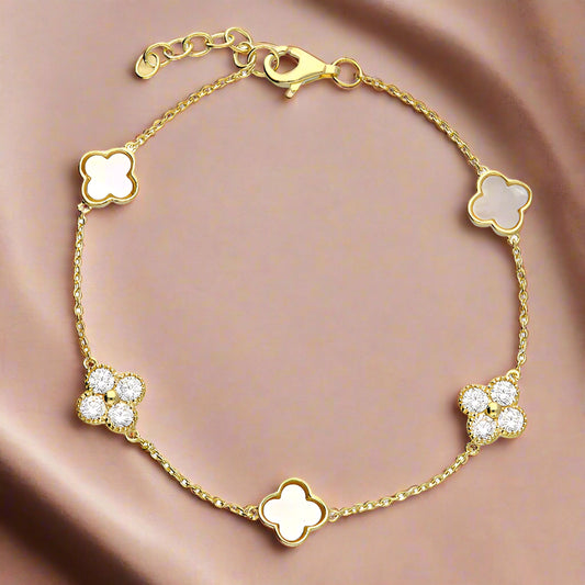Gold-Plated Sterling Silver Quatrefoil Bracelet – Mother of Pearl & Cubic Zirconia Charms
