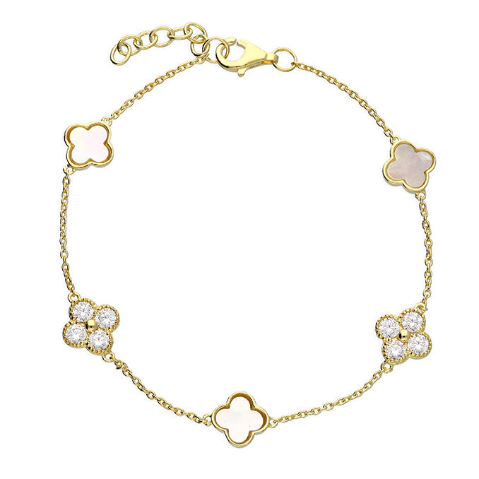 Gold-Plated Sterling Silver Quatrefoil Bracelet – Mother of Pearl & Cubic Zirconia Charms