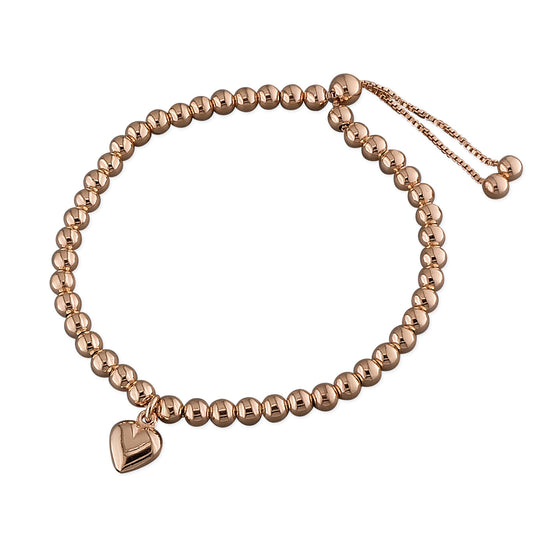 Rose Gold-Plated Bead Slider Bracelet with Heart Charm – 925 Sterling Silver, 24cm