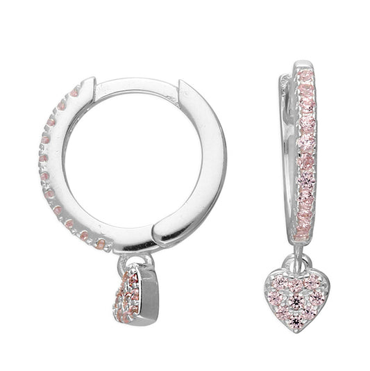 12 mm Cubic zirconia pink heart charm huggie hoop