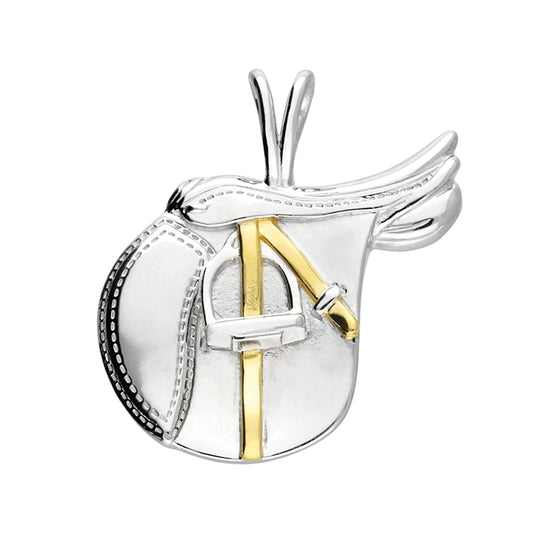 Rhodium and yellow gold-plated two-tone detailed saddle pendant & Chain