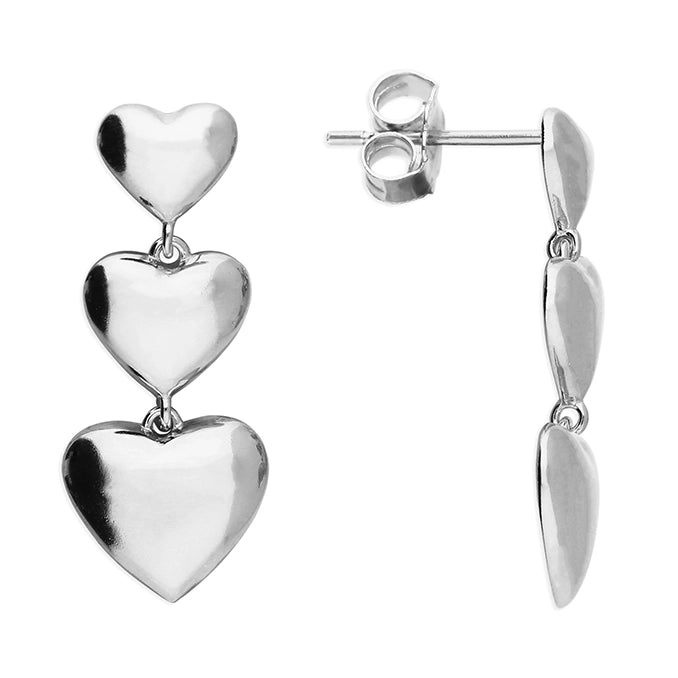Sterling Silver Triple Heart Drop Earrings – Lightweight Graduated Stud Design