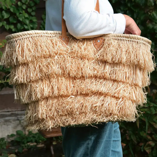Handmade Moroccan Raffia Fringed Basket – Large Tote with Leather Handles