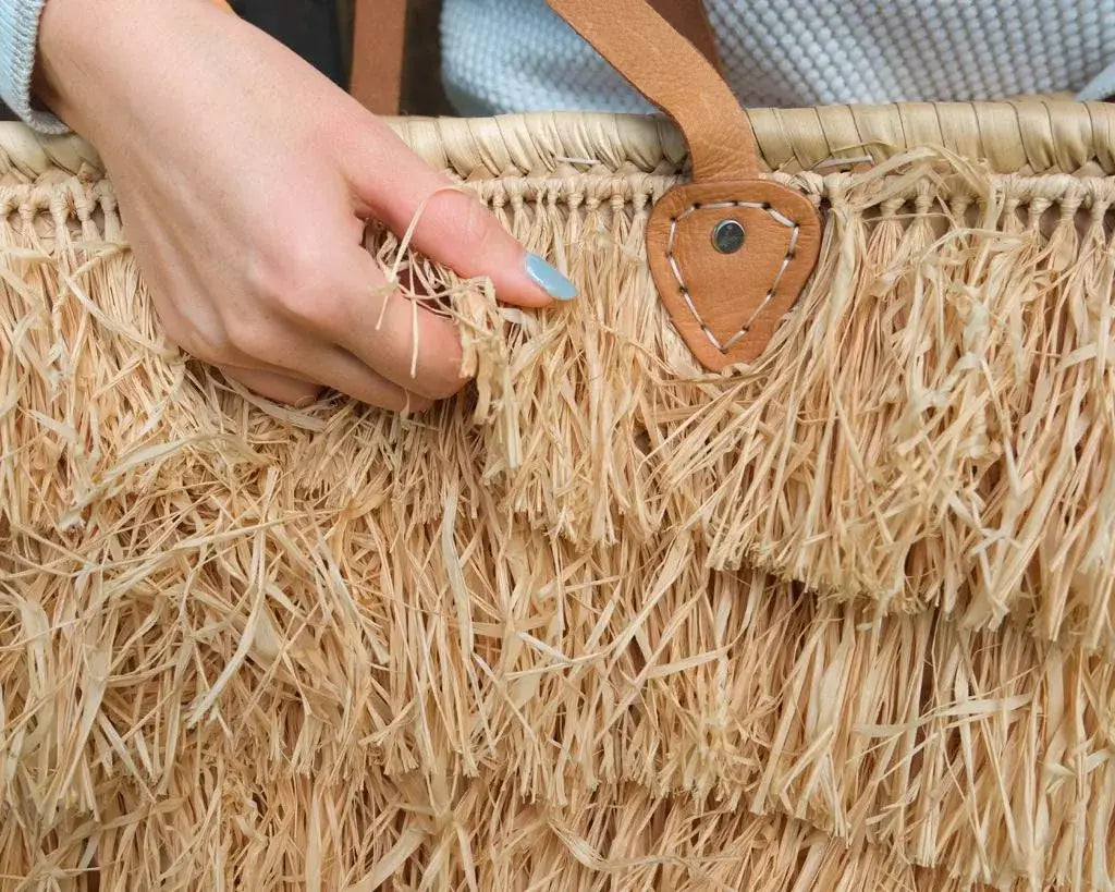 Handmade Moroccan Raffia Fringed Basket – Large Tote with Leather Handles