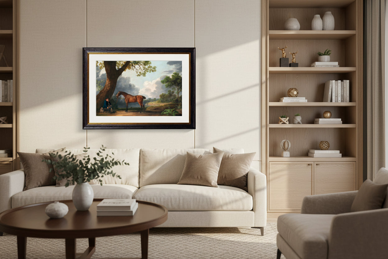 A framed reproduction of George Stubbs' 1763 painting Horse and Groom, featuring a bay horse and handler in a classical landscape.