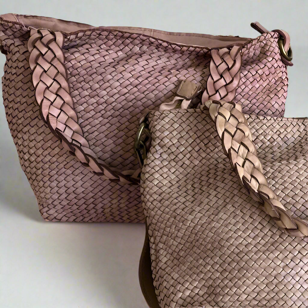 Woven Leather Tote Bag-Rosa