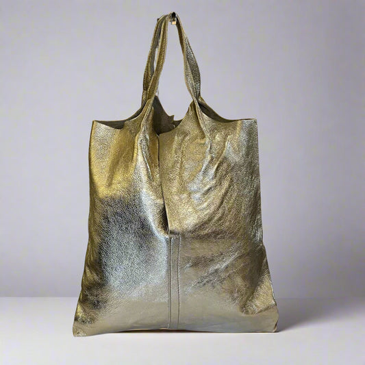 Metallic Leather Tote Bag with Attached Pouch Gold – Stylish & Functional