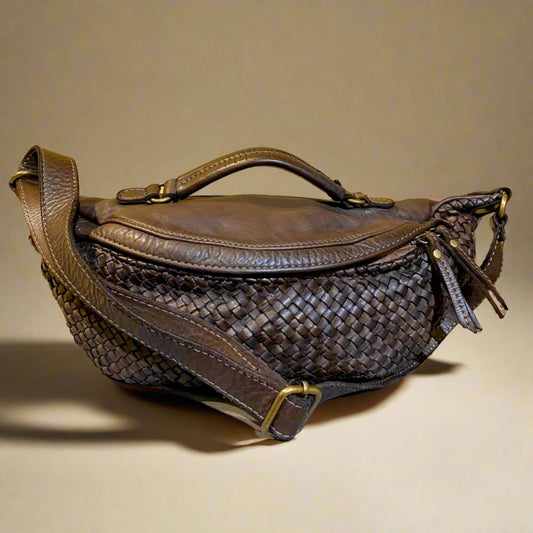Leather Woven Sling Bag-Brown