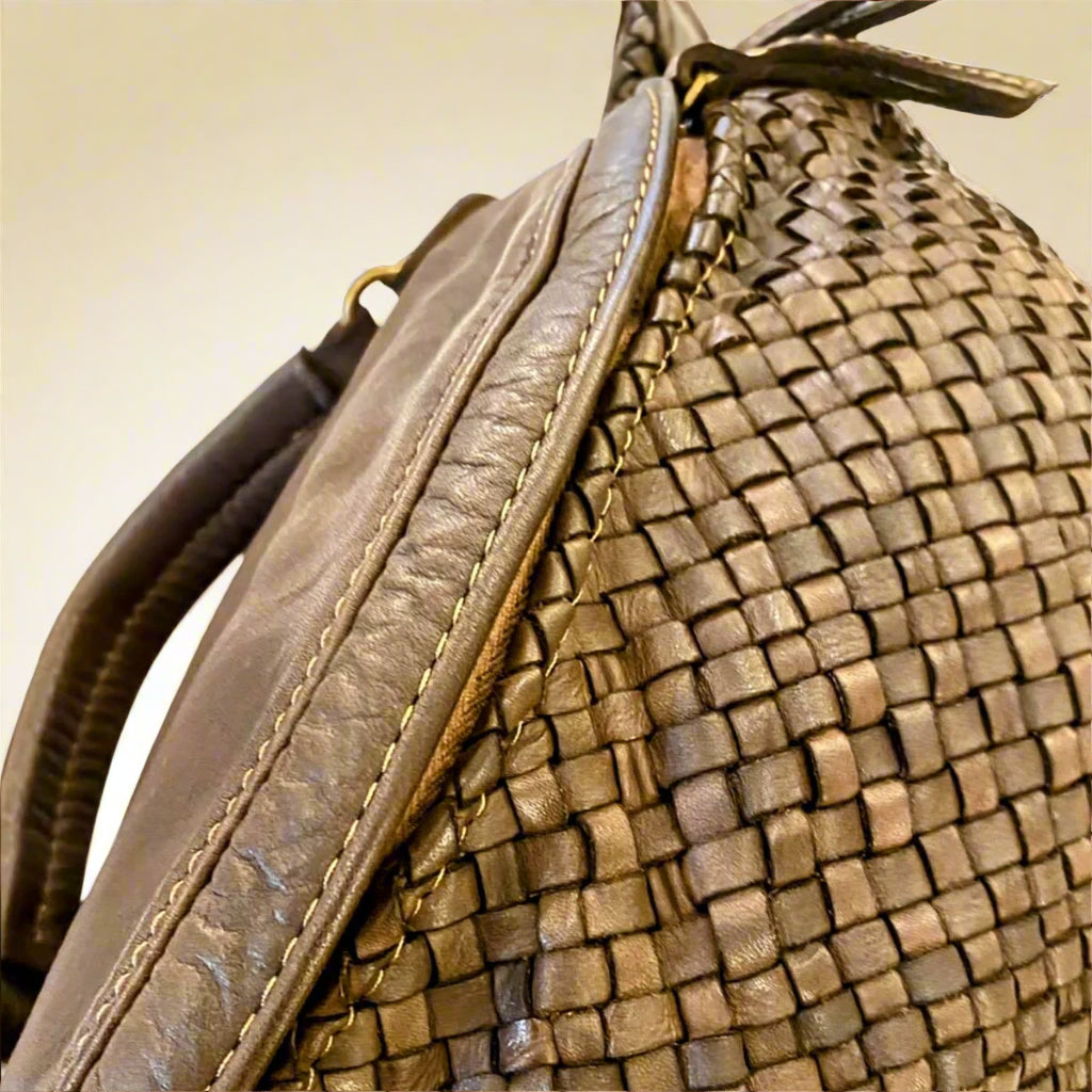 Leather Woven Sling Bag-Brown