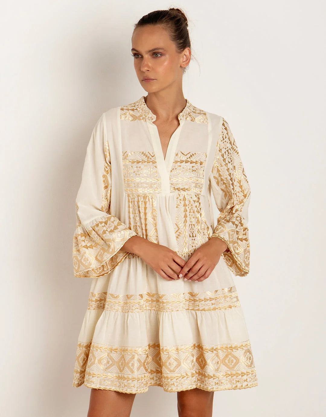 Triangle Embroidered Long-Sleeve Mini Dress – Natural & Gold | Greek Archaic Kori