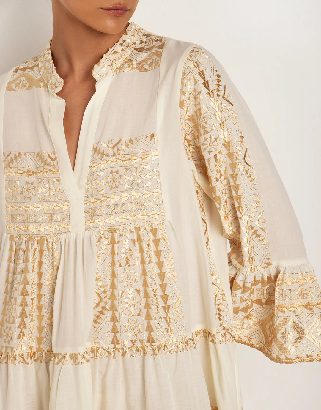 Triangle Embroidered Long-Sleeve Mini Dress – Natural & Gold | Greek Archaic Kori