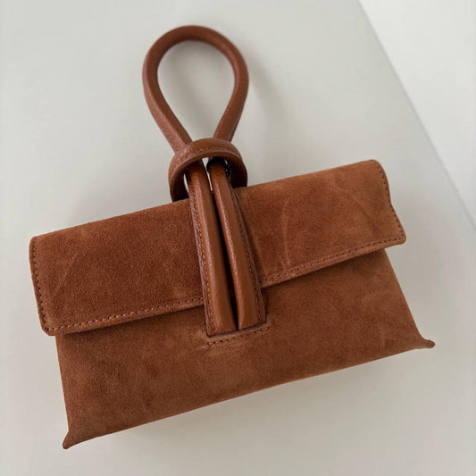Italian Suede Leather Cuff Bag – Convertible Mini Clutch & Shoulder Bag - Tan