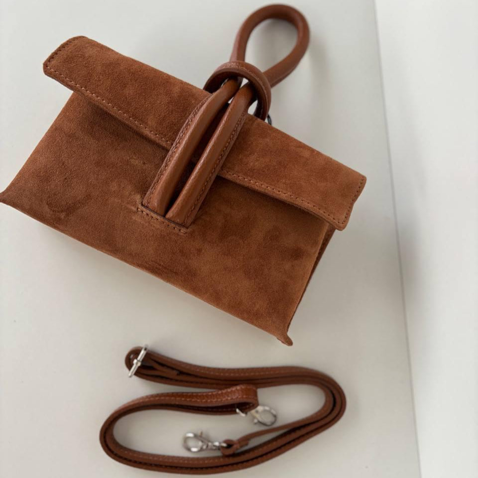 Italian Suede Leather Cuff Bag – Convertible Mini Clutch & Shoulder Bag - Tan