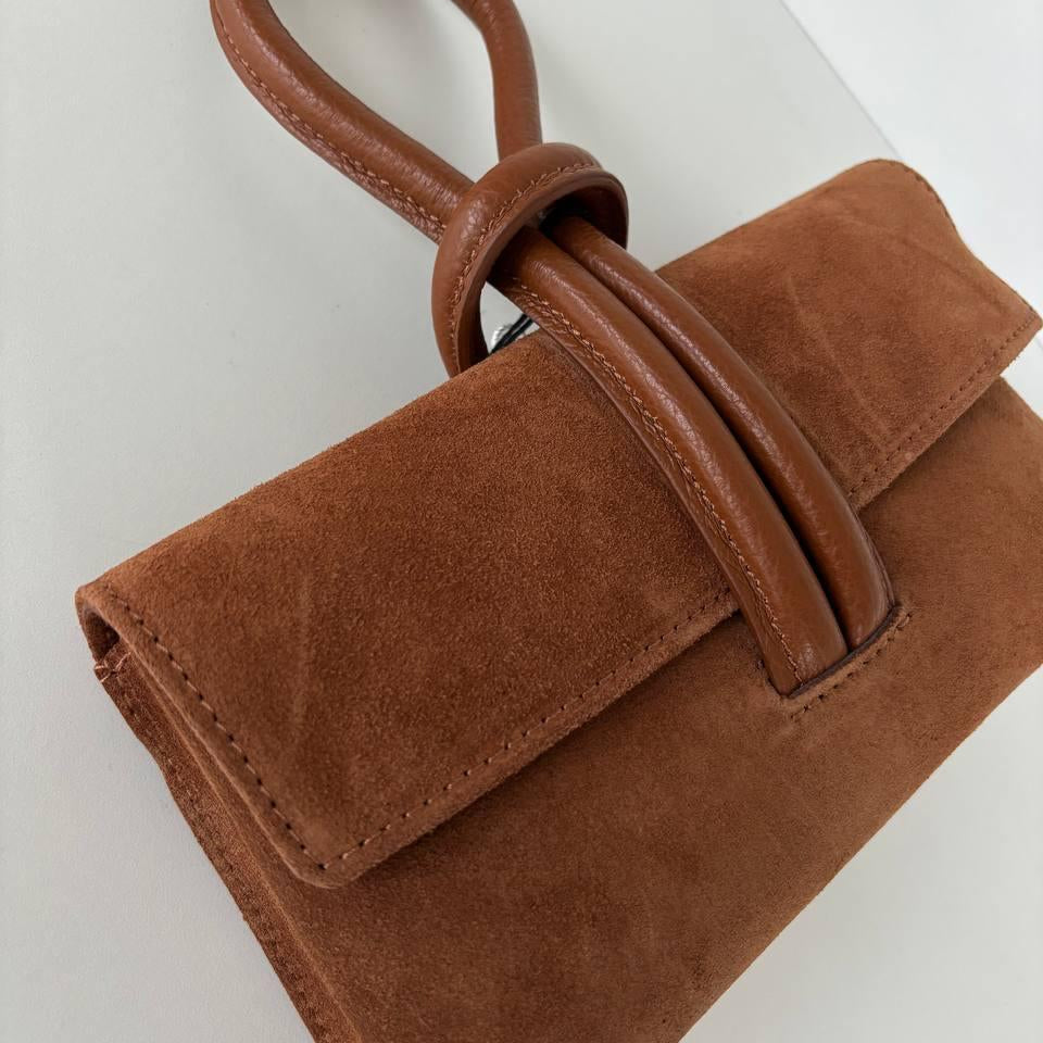 Italian Suede Leather Cuff Bag – Convertible Mini Clutch & Shoulder Bag - Tan