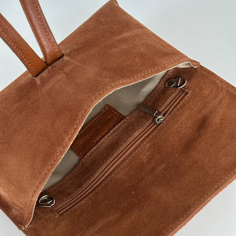 Italian Suede Leather Cuff Bag – Convertible Mini Clutch & Shoulder Bag - Tan