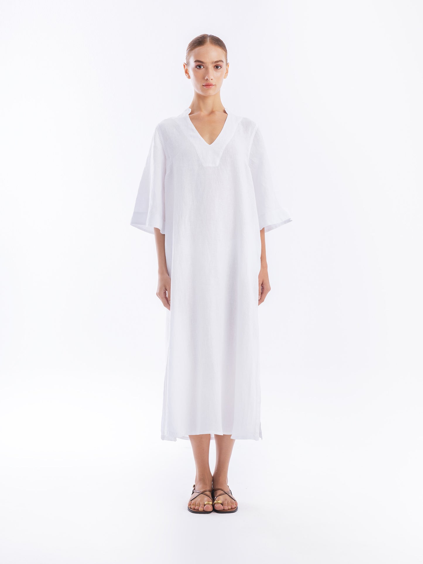 Mandarin Neck Linen Kaftan with Open Back — Haris Cotton