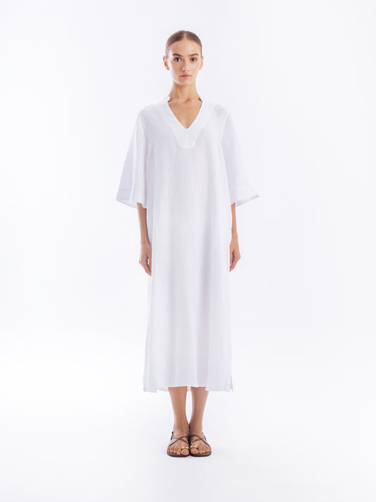 Mandarin Neck Linen Kaftan with Open Back — Haris Cotton
