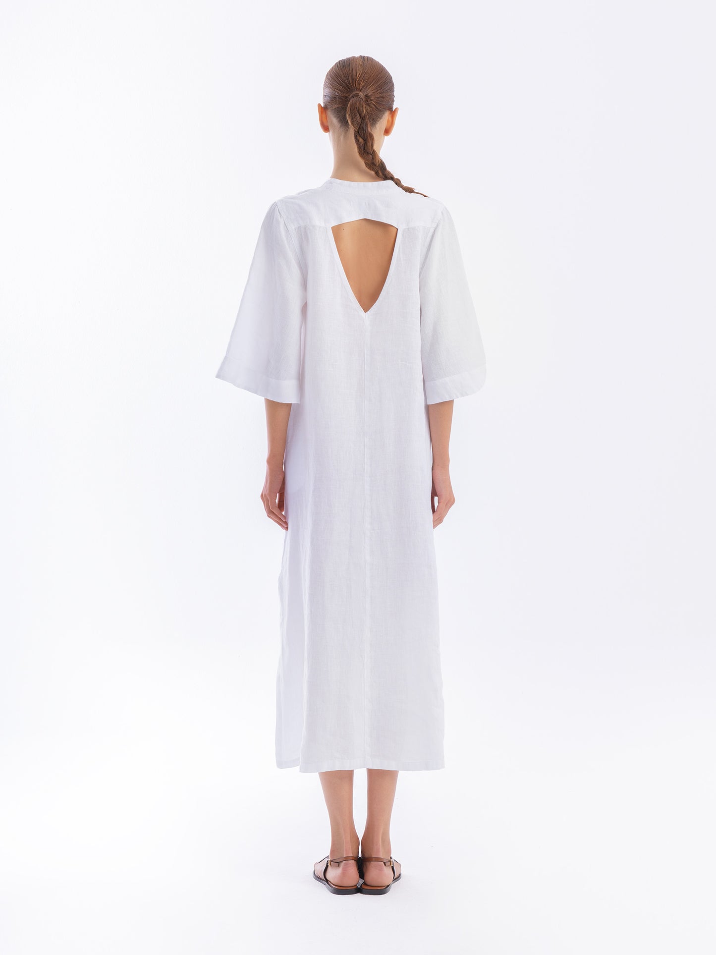 Mandarin Neck Linen Kaftan with Open Back — Haris Cotton