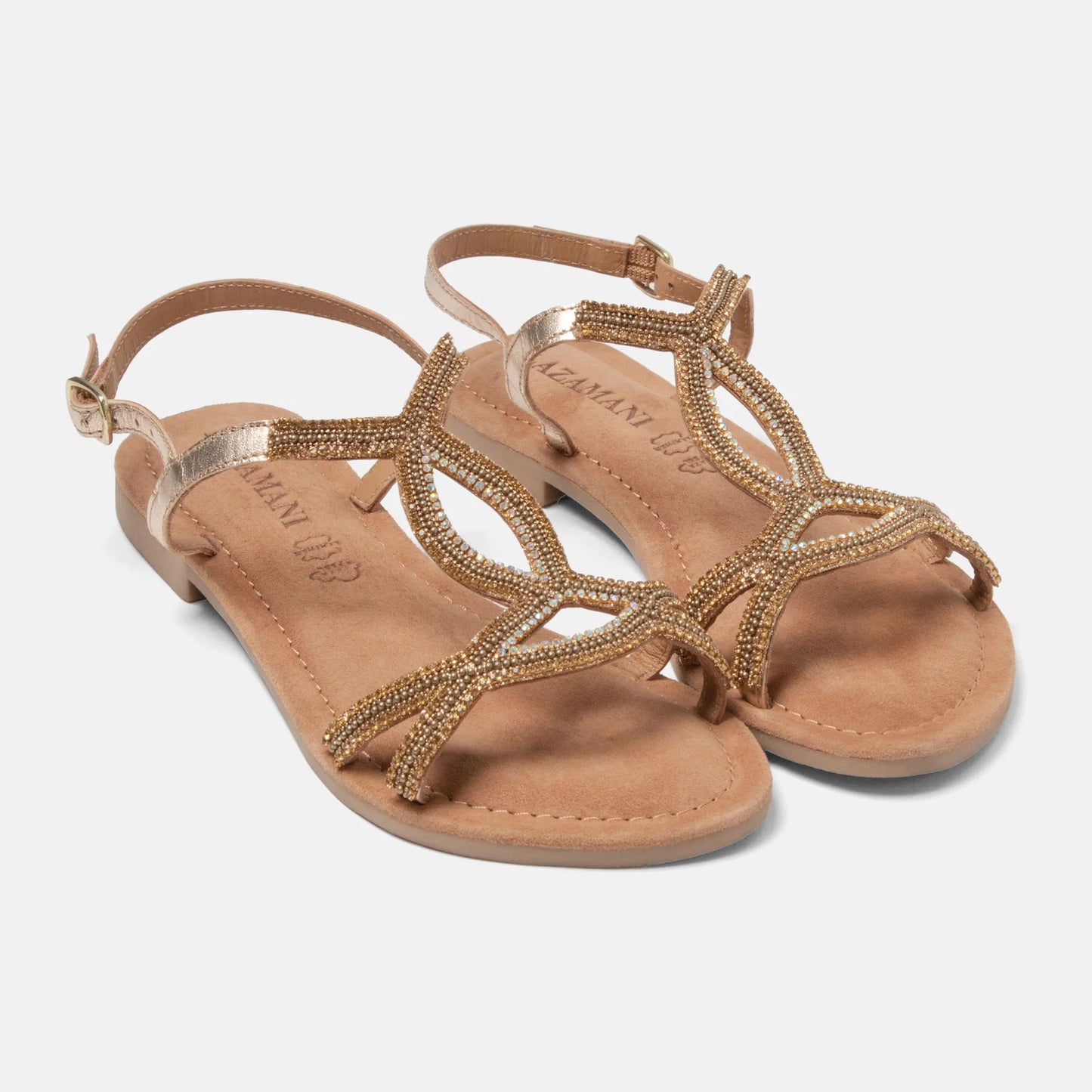 Beaded Leather Flat Sandals – Rhinestone Embellished Summer Flats
