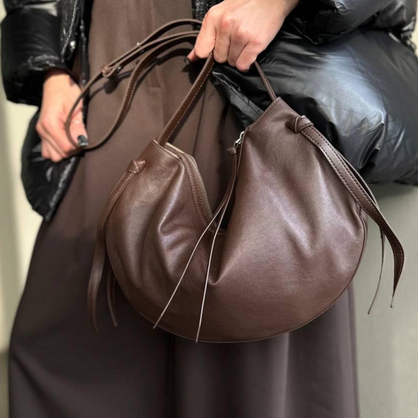 Leather Oval Shoulder Bag-Brown