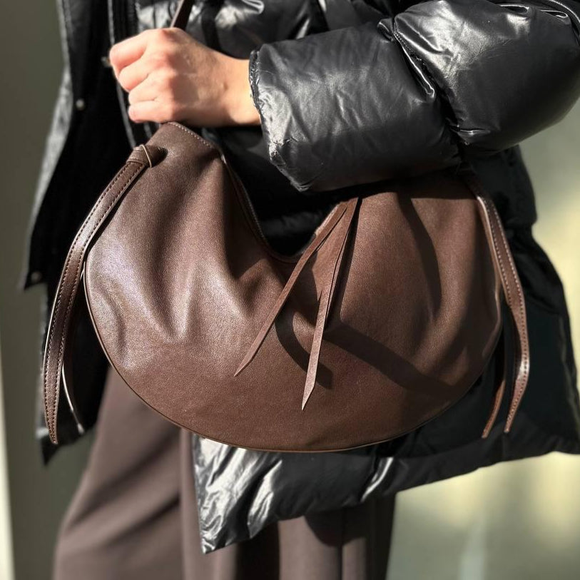 Leather Oval Shoulder Bag-Brown