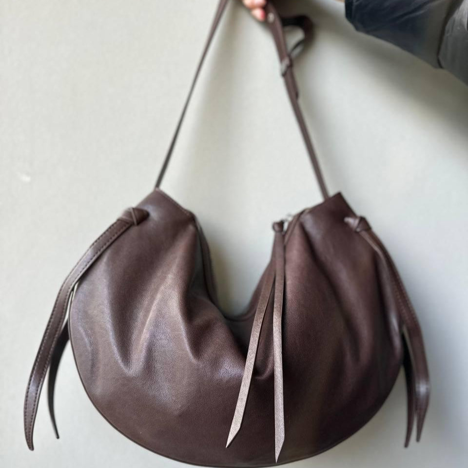 Leather Oval Shoulder Bag-Brown