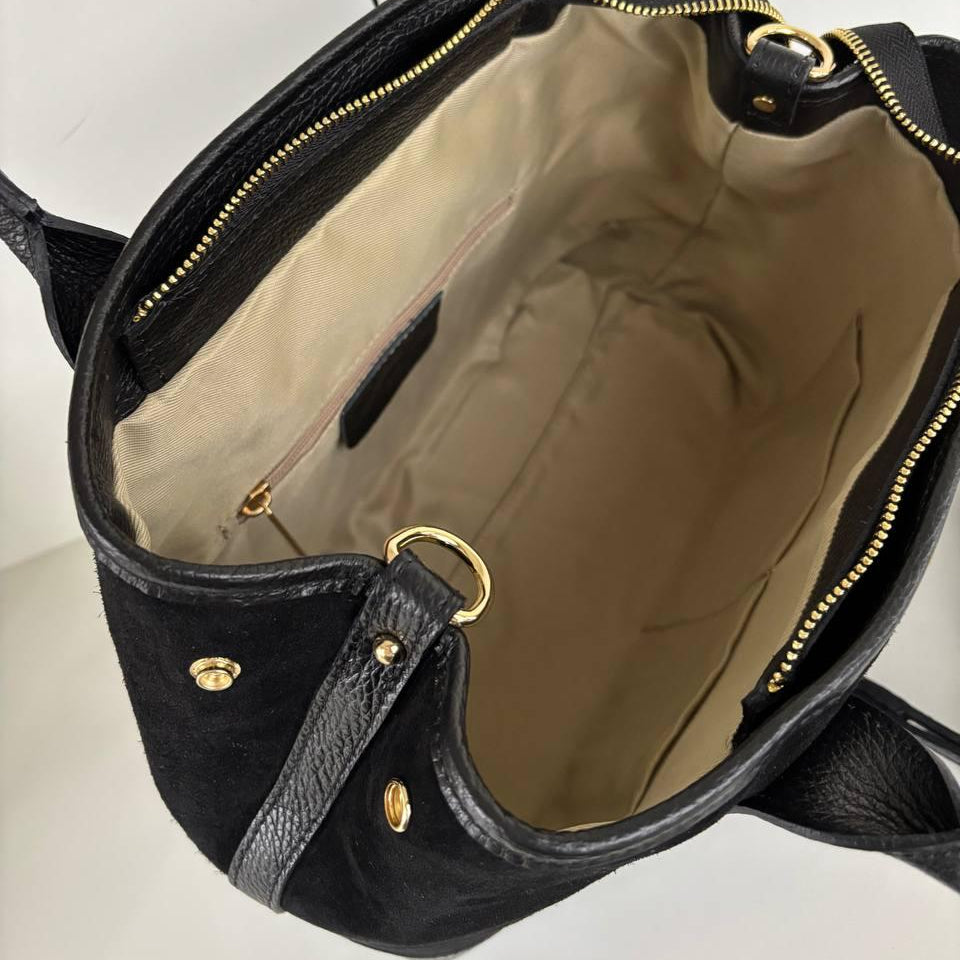 Leather & Suede Tote Bag with Shoulder Strap – Tan | Made in Italy