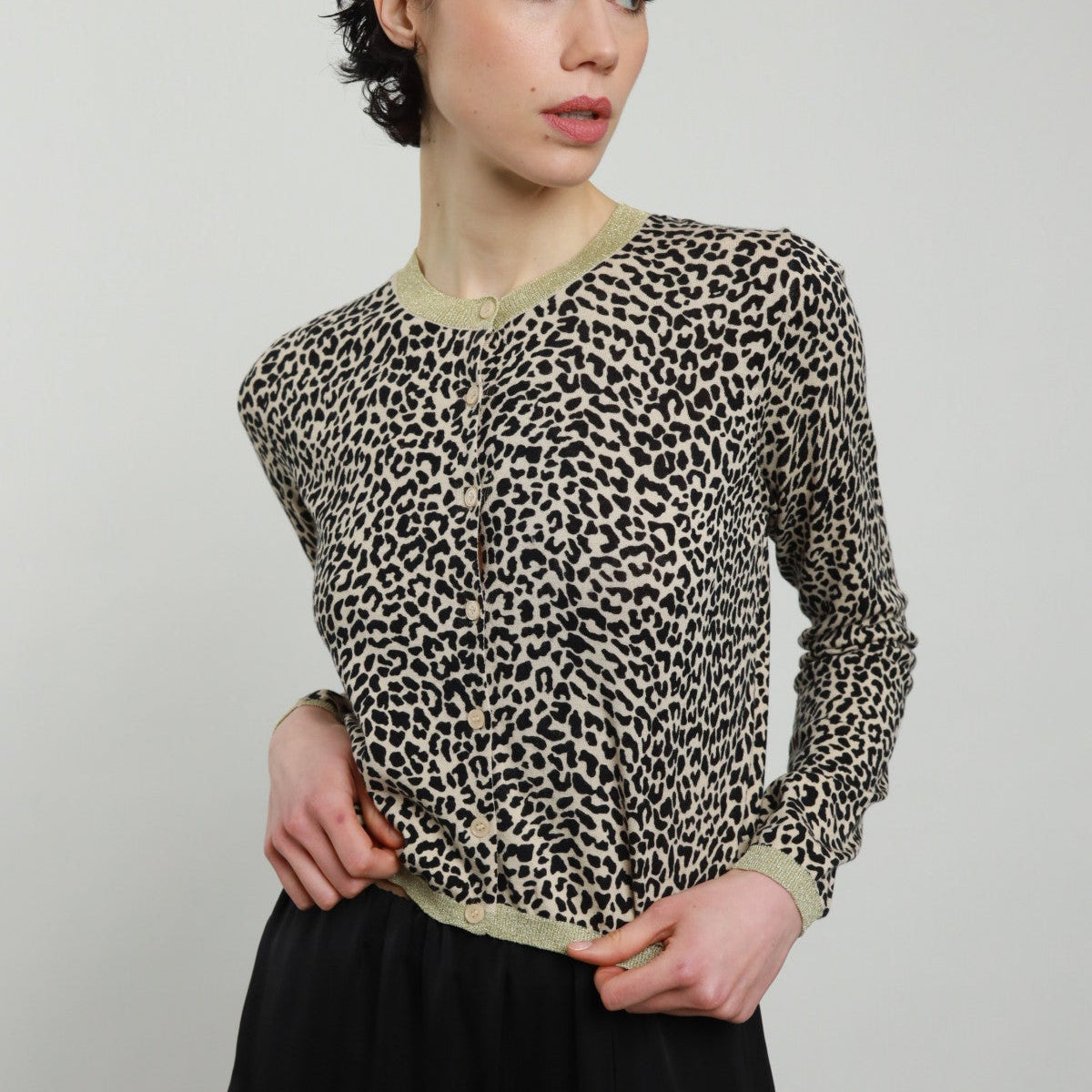 Long-Sleeved Animal Print Cardigan Top with Lurex Trim – Stylish & Comfortable