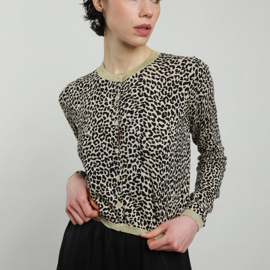 Long-Sleeved Animal Print Cardigan Top with Lurex Trim – Stylish & Comfortable