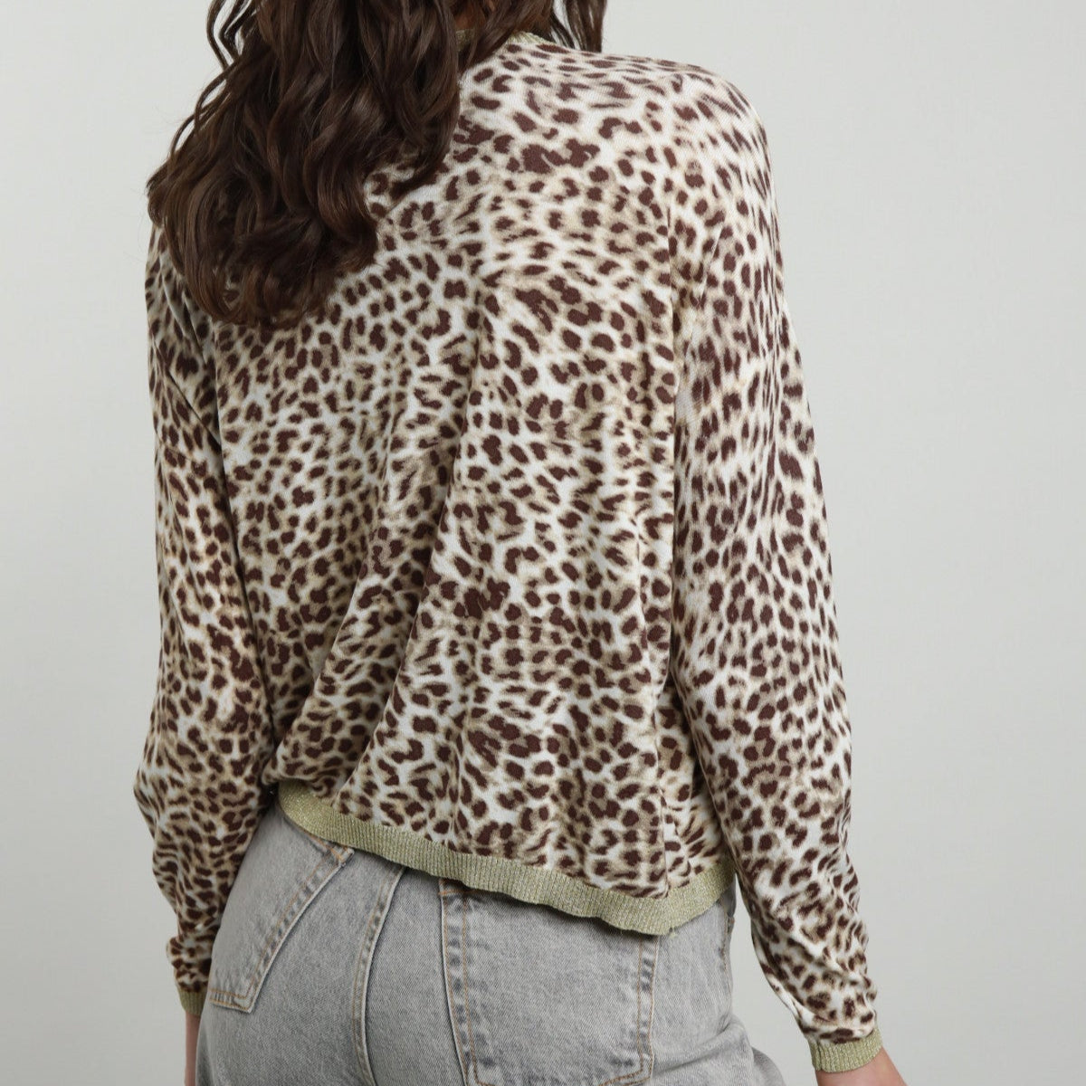 Long-Sleeved Spotted Animal Print Top with Lurex Trim