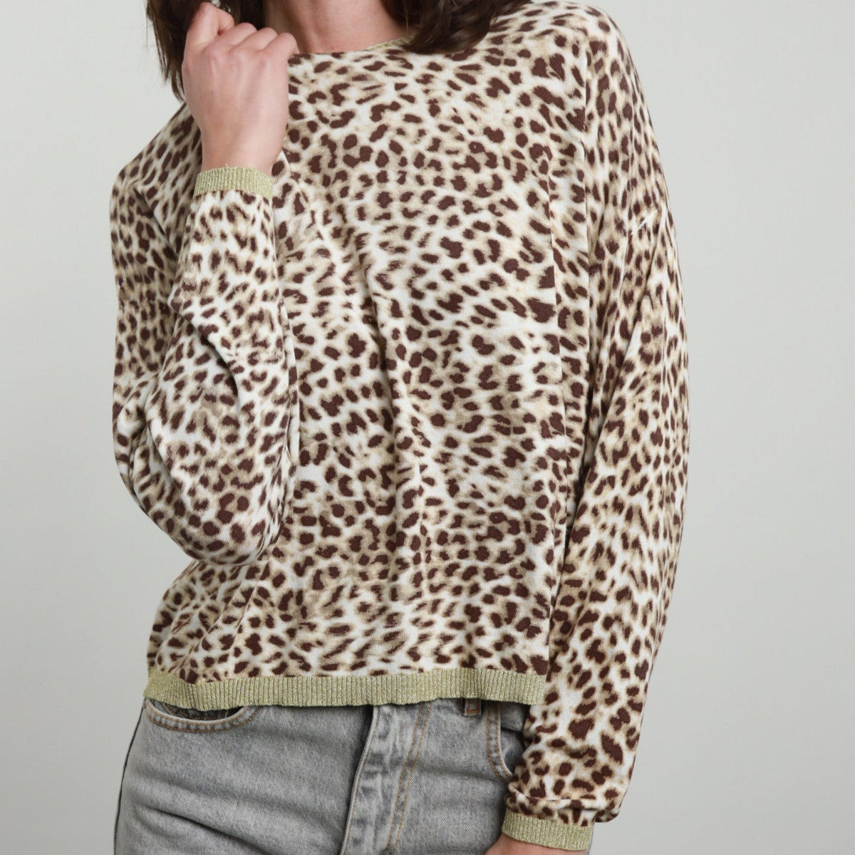 Long-Sleeved Spotted Animal Print Top with Lurex Trim