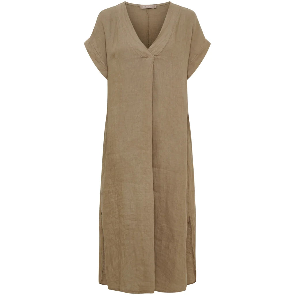 Coffee Linen V-Neck Dress with Pockets by Marta Du Château