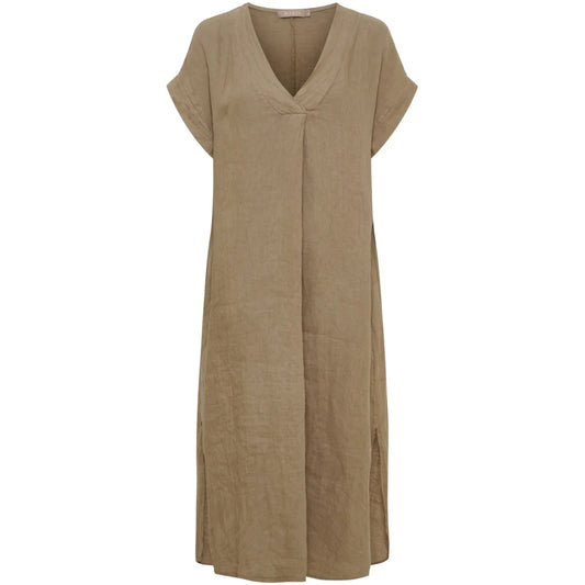 Coffee Linen V-Neck Dress with Pockets by Marta Du Château