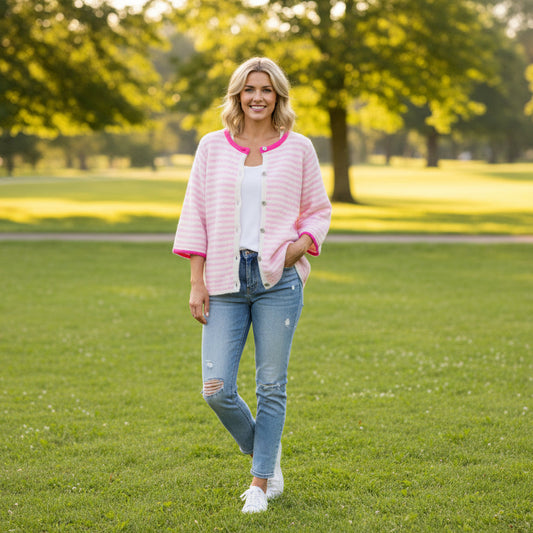 Pink and white striped cardigan with buttons on a white background
