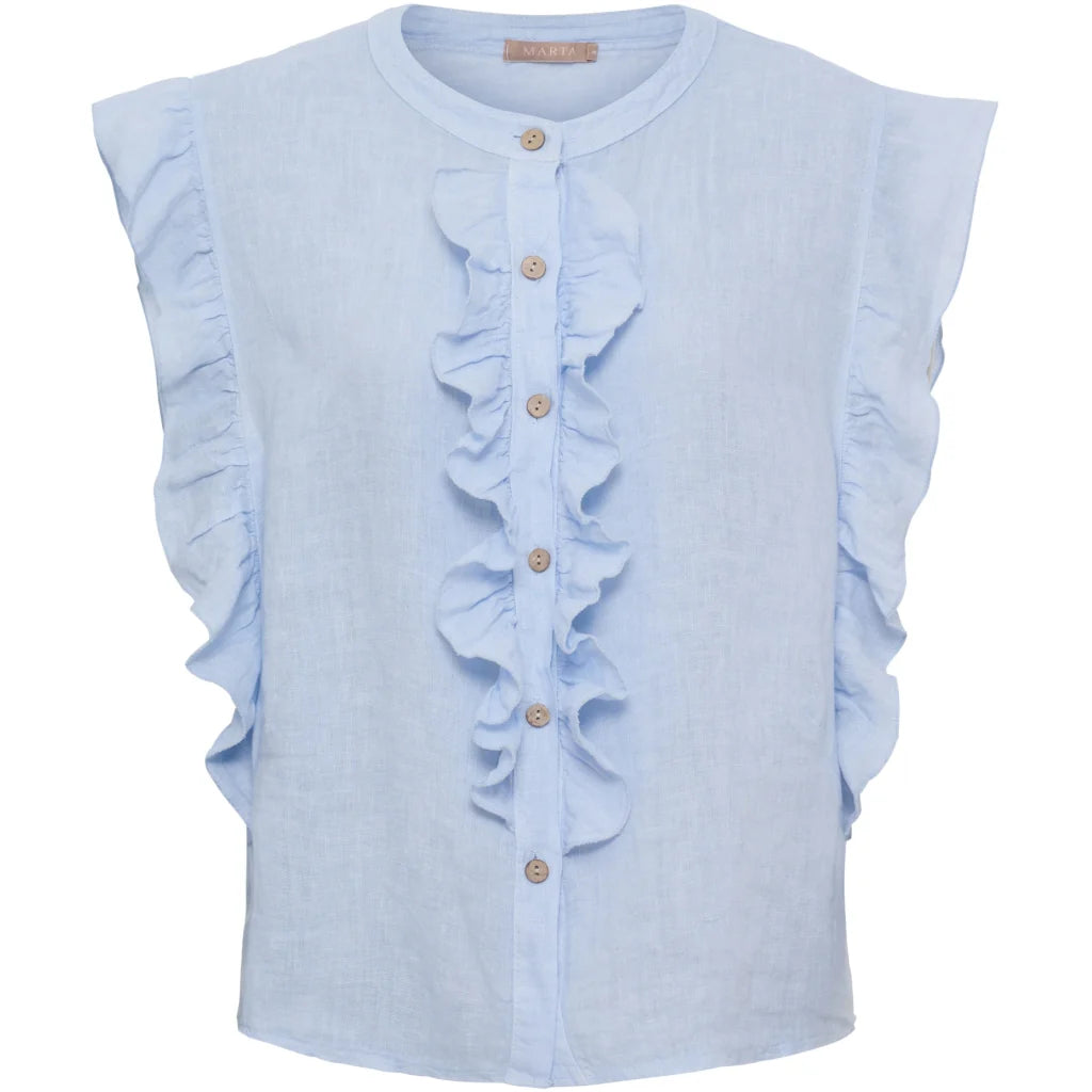 Linen Ruffle Top – Sky | Women's Luxury Linen Top
