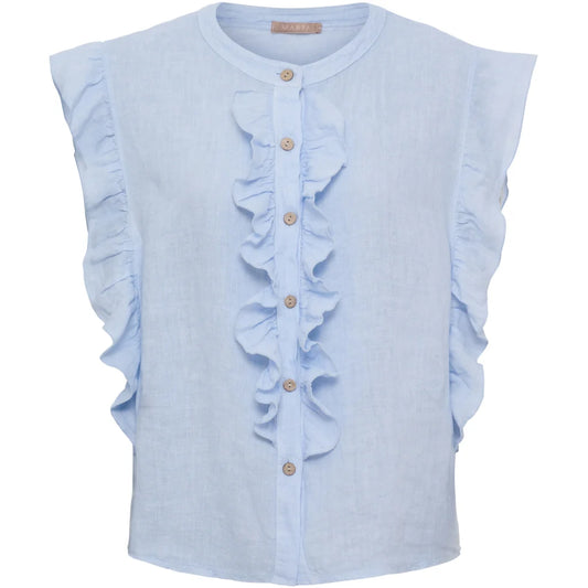 Linen Ruffle Top – Sky | Women's Luxury Linen Top