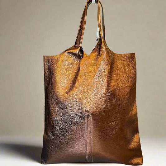 Metallic Leather Tote Bag with Attached Pouch - Copper