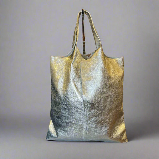 Metallic Leather Tote Bag with Attached Pouch - Silver