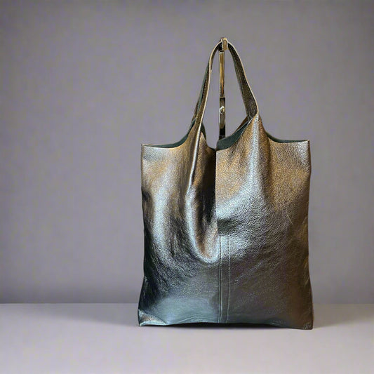 Metallic Leather Tote Bag with Attached Pouch -Gunmetal