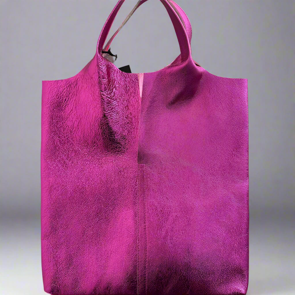 Metallic Leather Tote Bag with Attached Pouch – Stylish & Functional