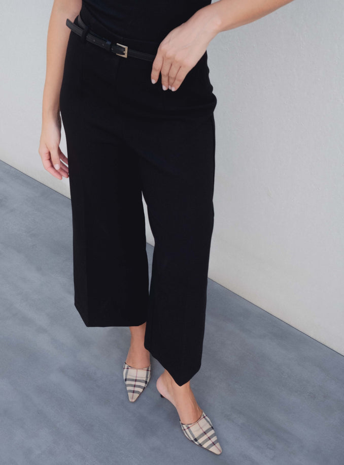 Mid-Rise Black Wide-Leg Culottes with Adjustable Belt